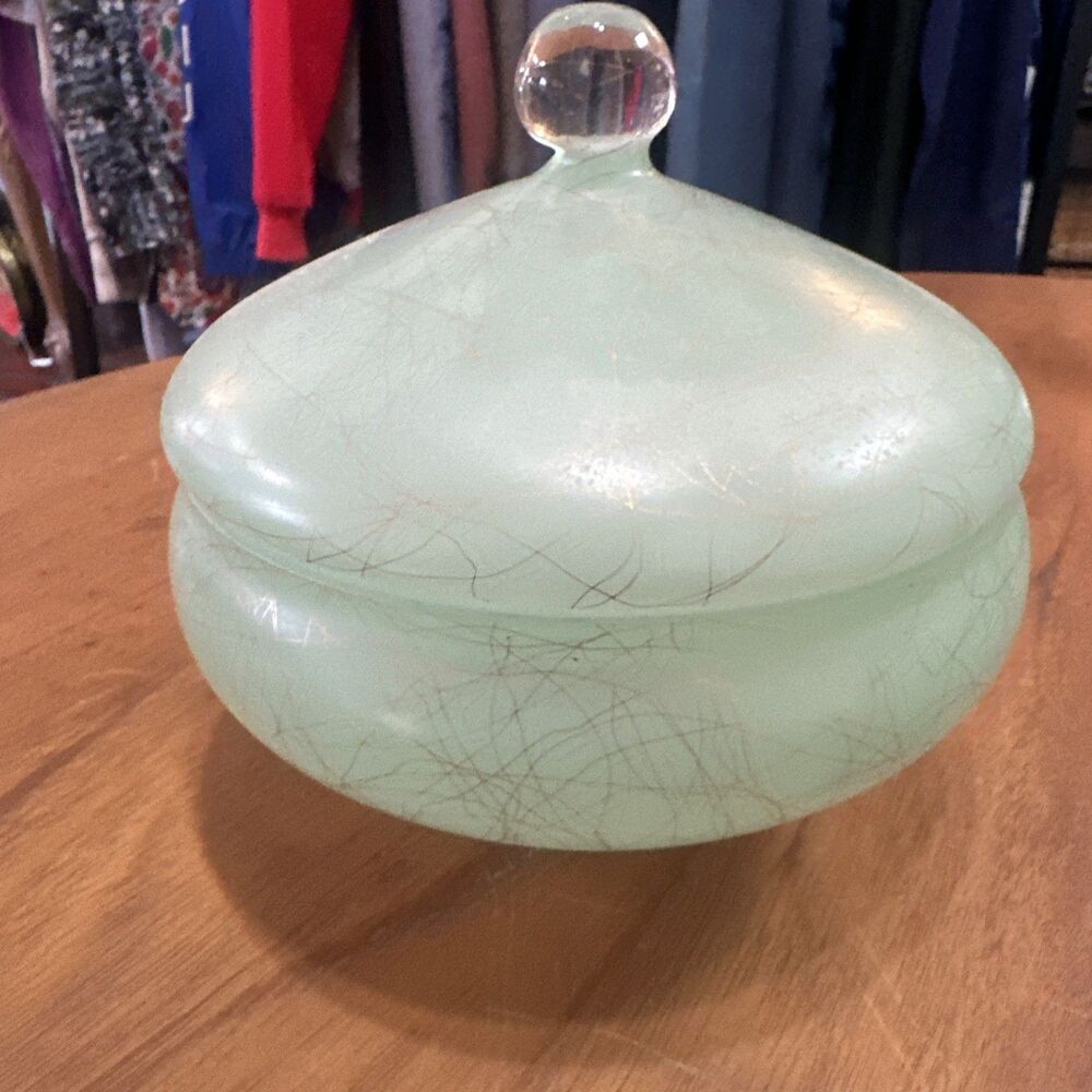 West Virginia Glass Company 1960S Bonbon Covered Dish Teal with Metallic Gold